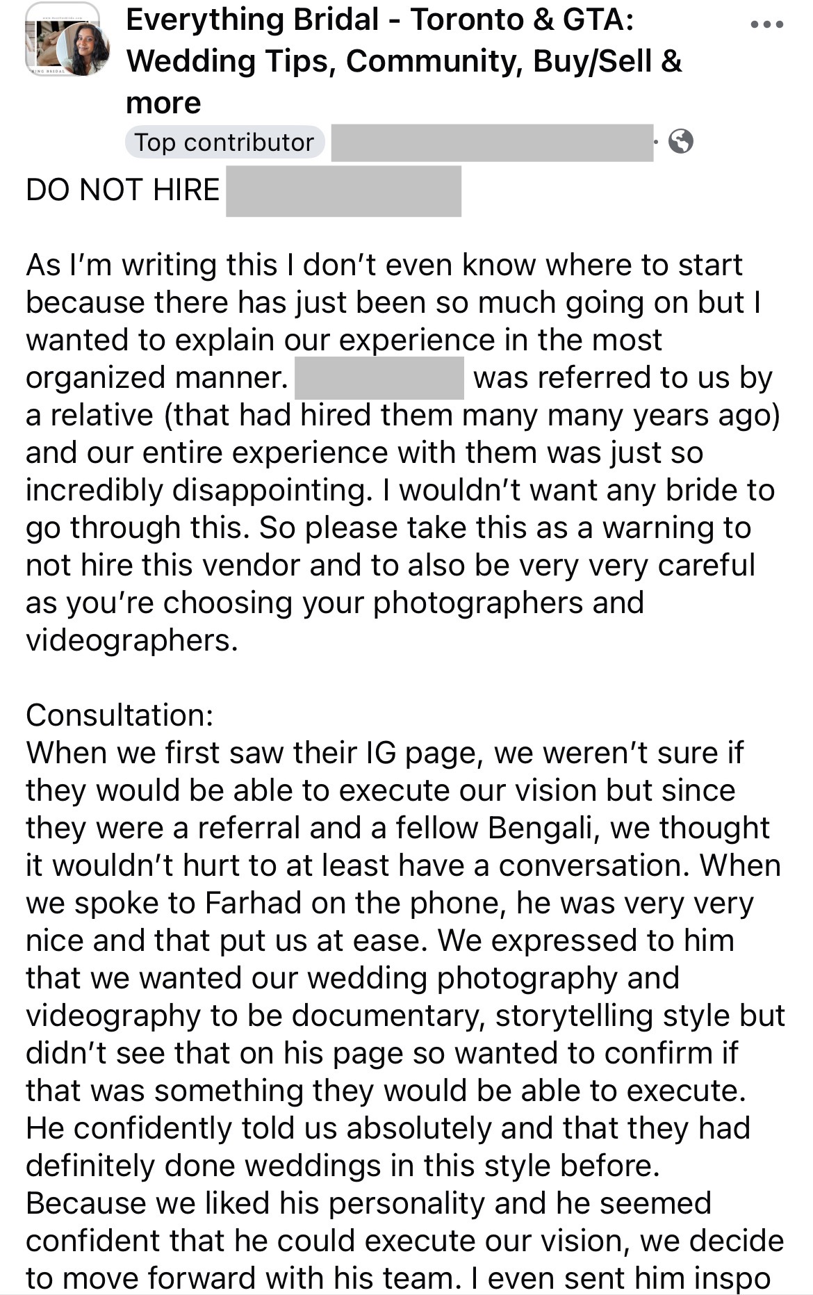 Wedding vendor complaint